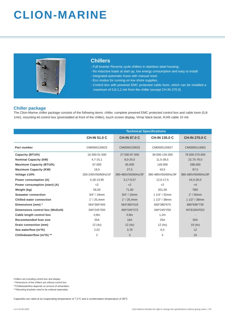 Clion marine chillers specifications